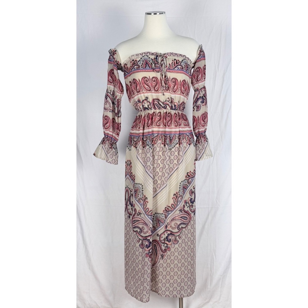 Love Reign Boho Dress Off Shoulder Long Puff Sleeve XS Paisley Hippie Festival